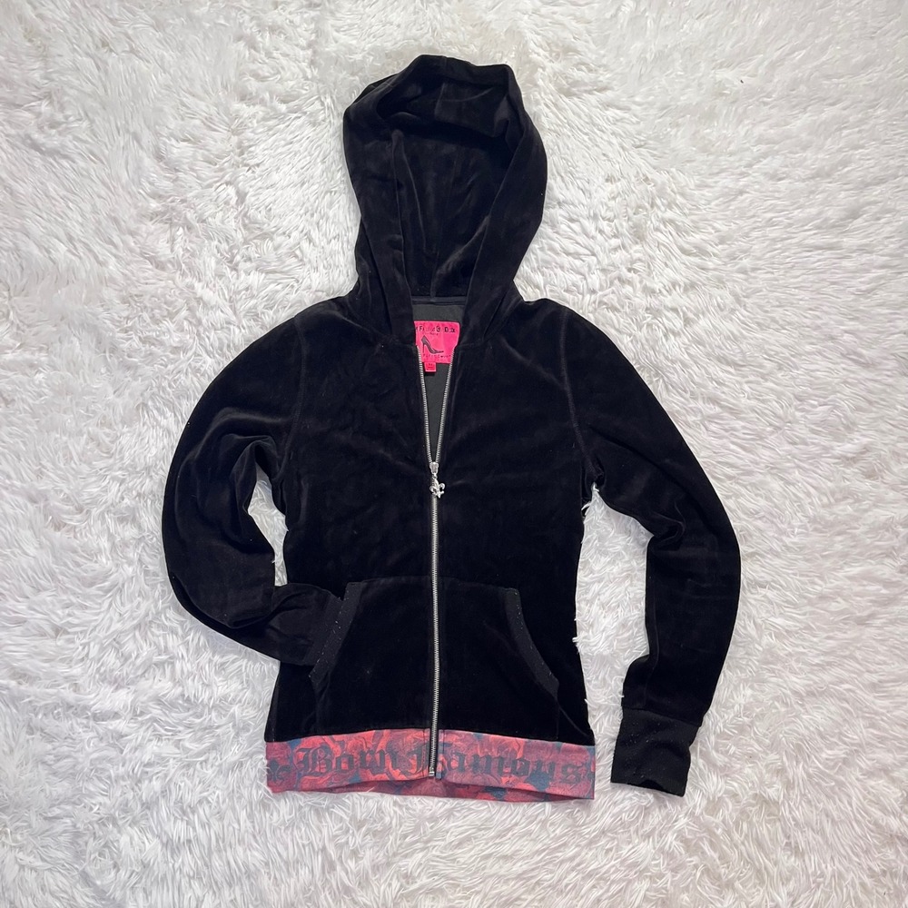 y2k black velour red detail zip up hoodie medium